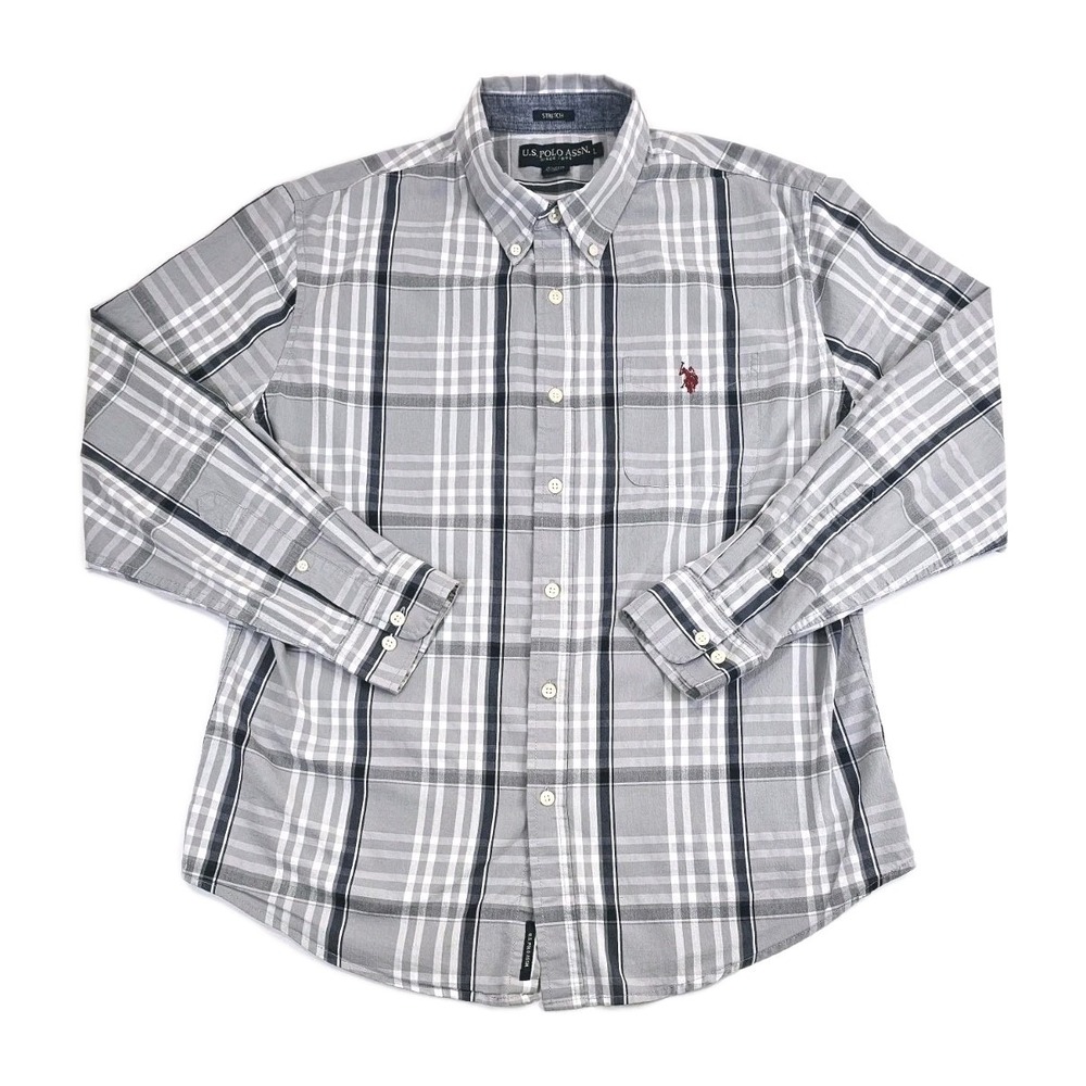 U.S. Polo Assn Shirt Mens L Grey Plaid Activate Stretch Button Up Long Sleeve